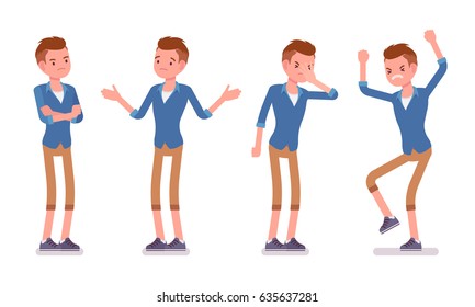 Set Of Male Millennial, Negative Emotions, Trendy Haircut, Smart Casual Dressing, Beige Chino Shorts, Standing Troubled And Puzzled, Vector Flat Style Cartoon Illustration, Isolated, White Background