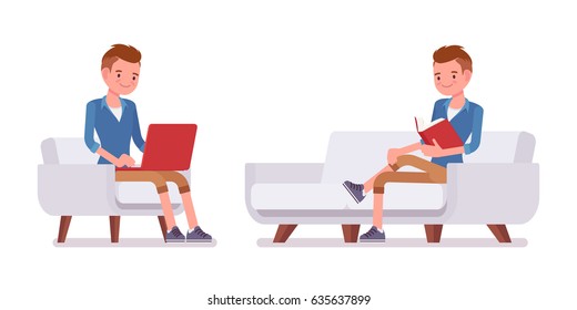 Set of male millennial, trendy haircut, smart casual dressing, beige chino shorts, sitting on sofa, reading, relaxing with laptop, vector flat style cartoon illustration, isolated, white background