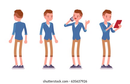 Set Of Male Millennial, Trendy High Fade Haircut, Smart Casual Dressing, Beige Chino Shorts, Standing Using Gadget, Front, Rear View, Vector Flat Style Cartoon Illustration, Isolated, White Background