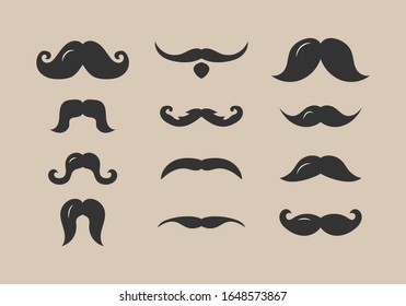 Set of male mustache in flat design. Black silhouettes of mustache vector collection on pink background. A simple illustration, EPS 10.