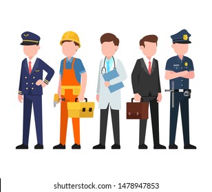 Set of male occupation character vector design. Pilot, Police, Doctor, Contractor,  and Businessman