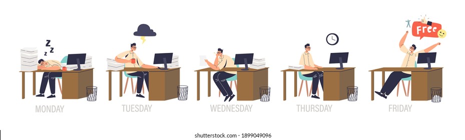 Set of male office workers at workplace procrastinating, bored, sleeping, stressed and cheering for weekend. Cartoon manager in different emotions sit at office desk. Flat vector illustration