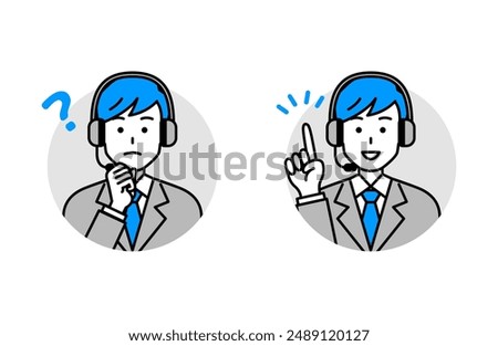 Set of male operators wearing headsets who think and have ideas