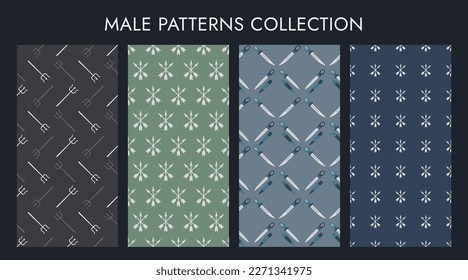 Conjunto de patrones masculinos. Patrones de armas - lanzas, dagas y flechas. Imágenes simétricas, estrictas y tranquilas. Huellas simples para ropa de hombre. Papel envuelto. Colores oscuros. Ilustración vectorial.