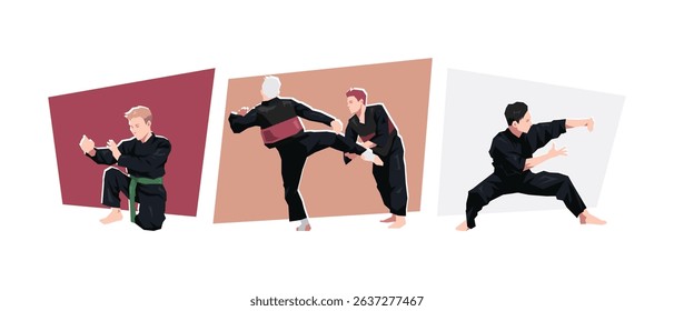 Set of male pencak silat athlete, fighter in action, dynamic pose. Sport, martial arts. Cartoon flat vector illustration.