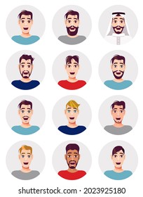 Set of male persons, avatars, people heads of different ethnicity in cartoon style. Multi nationality social networks people faces collection. Vector illustration.