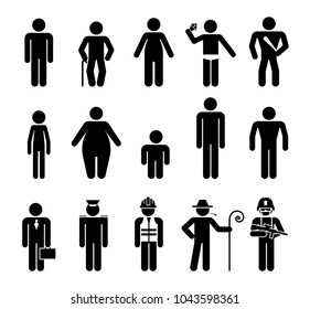 Set of male pictograms that represent various kinds of people. Body appearance. Pictograms which  represent various type of men body shape and age difference.