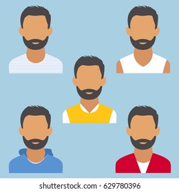 Set of male portrait. Beard. Flat design vector illustration. Various and modern avatar.