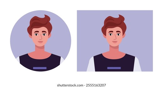 Set of male portraits. Character avatars in round and rectangular frames. Vector illustration in a flat style