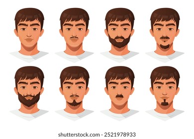 Set of male portraits with different facial hair styles. Cartoon avatars showing various beard and mustache types.