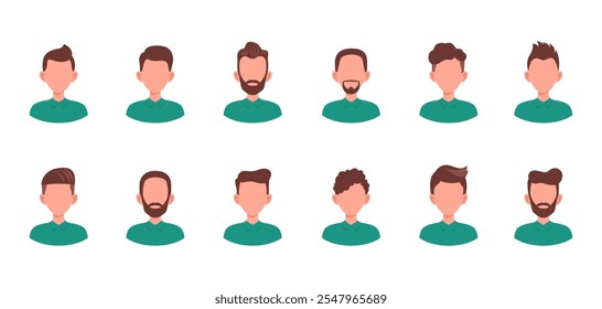 Set male portraits. Man user avatar profile. Faces of boys with different hairstyles. Vector people characters. Illustration in flat style.