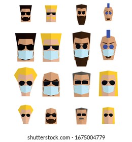 Set of male portraits in medical masks and without