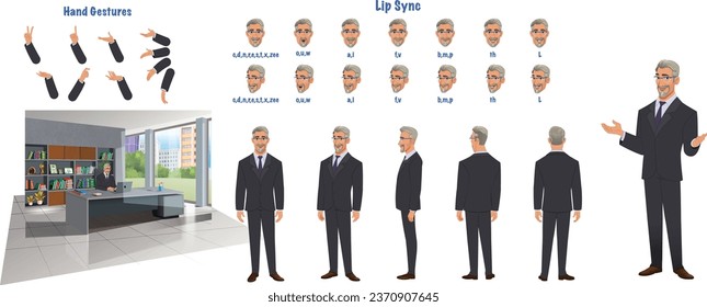 Set of male principal design. Character Model sheet. Front, side, back view animated character. Principal character creation set with various views, poses and gestures. Cartoon style, flat vector isol