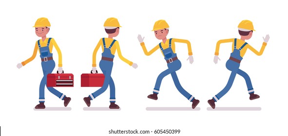 Set of male professional busy industrial service worker in running pose, wearing yellow protective hardhat, blue overall, holding red toolbox, full length, front, rear view, isolated, white background