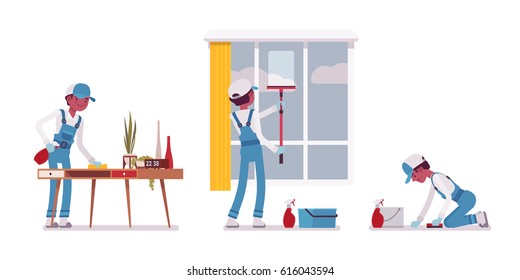 Set of male professional busy janitor wiping indoors, office cleaning, window and floor washing, young, happy and angry, wearing blue overall, cap, protective gloves, isolated on white background