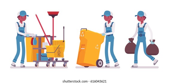 Set of male professional busy janitor taking out the trash, pulling yellow plastic cart with cleaning tools, young and happy, wearing blue overall, protective gloves, isolated on white background