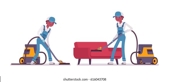 Set of male professional busy janitor vacuum cleaning indoors, floor and sofa office cleaning, young and happy, wearing blue overall, cap, protective gloves, isolated on white background