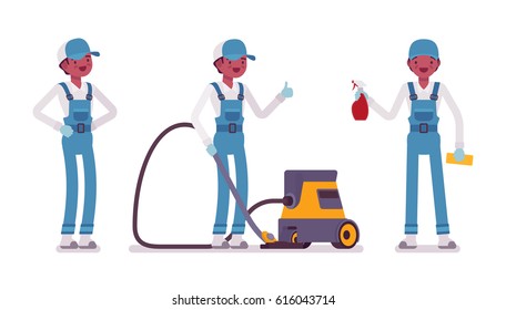 Set of male professional busy janitor in standing pose, young and smiling, wearing blue overall, protective gloves, holding vacuum cleaner, spray bottle, full length, isolated on white background