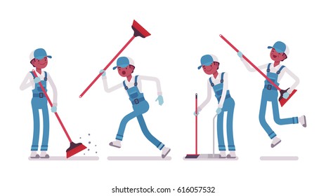 Set of male professional busy janitor sweeping the floor with a broom, using it as a guitar, young, happy and angry, wearing blue overall, cap, protective gloves, isolated on white background