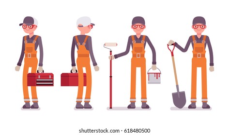 Set of male professional busy worker in standing pose, young and smiling, wearing bright orange overall, holding toolbox, paint, roller, spade, full length, isolated on white background