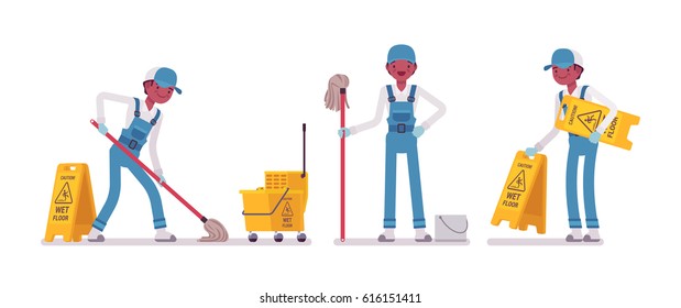 Set of male professional janitor mopping the floor, yellow cleaning bucket, caution wet floor sign, young and happy, wearing blue overall, protective gloves, isolated, white background