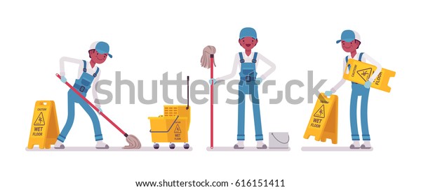 Set Male Professional Janitor Mopping Floor Stock Vector Royalty Free 616151411 Shutterstock 