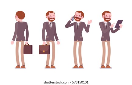 Set of male professional teacher in formal wear with bag, standing poses, talking on phone, holding tablet, before lesson, full length, front and rear view, isolated against white background