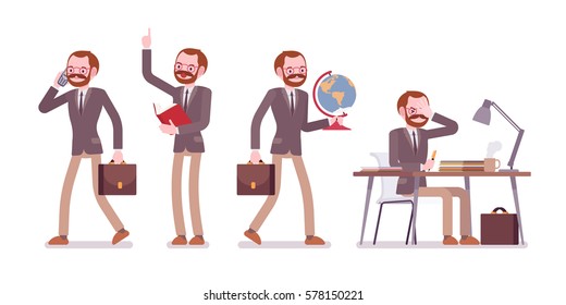 Set of male professional teacher in formal wear, walking and talking on phone, speaking up, sitting and working at the desk, checking paper and unhappy, full length, isolated against white background