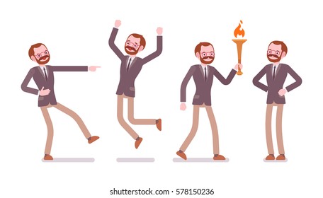 Set of male professional teacher showing positive emotions, successful, jumping with joy, bearing a torch, laughing, feeling happy and enthusiastic, full length, front view isolated, white background