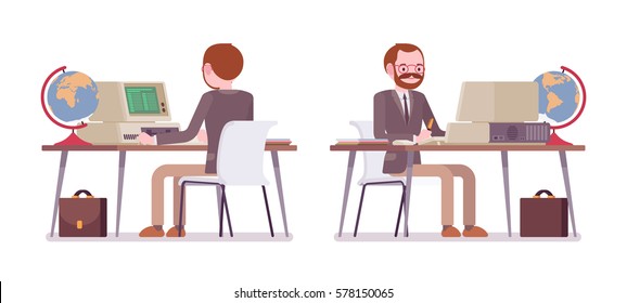 Set Of Male Professional Teacher Sitting At The Desk And Working At The Old Computer, Looking At Screen, Developing A Lesson Plan, Globe At Workplace, Front And Rear View, Isolated, White Background