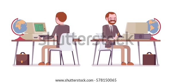 Set Male Professional Teacher Sitting Desk Stock Vector Royalty