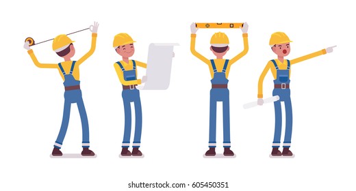 Set of male professional worker, wearing yellow protective hardhat, blue overall, doing measurement, planning with spirit level and tapeline, full length, front, rear view, isolated, white background
