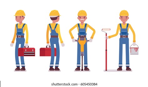 Set of male professional worker in yellow protective hardhat, blue overall, holding red toolbox and painting roller, drilling with jackhammer, full length, front, rear view, isolated, white background