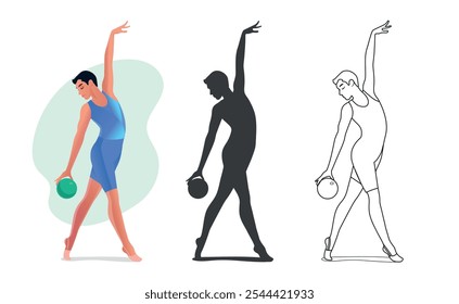 Conjunto de gimnastas rítmicas masculinas en color, silueta y arte lineal Gimnasta artística en leotardo degradado azul con bola en elegante posición. Ilustración vectorial