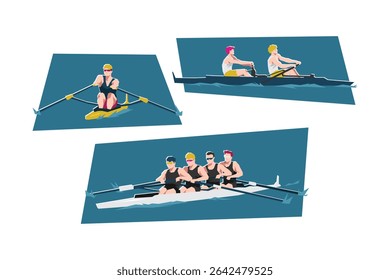 Set of male rowing. Water sport. Cartoon flat vector illustration.