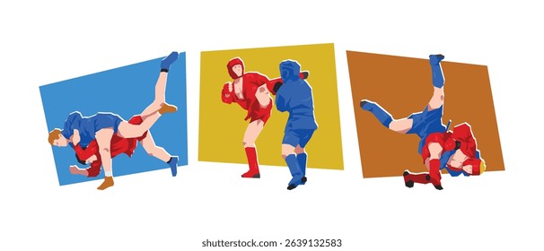 Set of male sambo fighter in action pose. Sport, martial arts. Cartoon flat vector illustration.