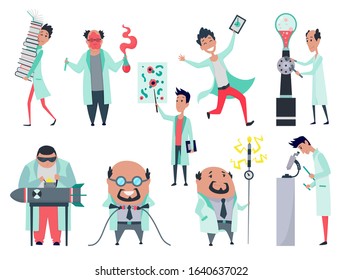 Set of male scientists characters in laboratory