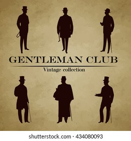 Set of male silhouettes retro 1900s -1920s, upper classes. Vintage Gentlemen collection. Retro Club Emblem