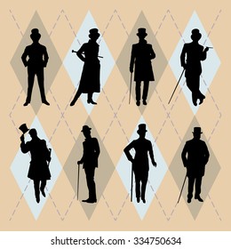 Set of male silhouettes retro1900s, 1920s. Vintage Gentlemen collection