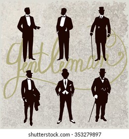 Set of male silhouettes retro1900s, upper classes. Vintage Gentlemen collection