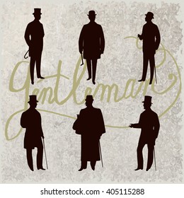 Set of male silhouettes retro1900s, upper classes. Vintage Gentlemen collection. Men's clothing. Retro Illustration