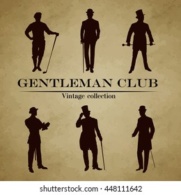 Set of male silhouettes retro1900s. Vintage Gentlemen collection. Retro Club Emblem