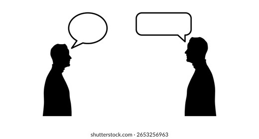 Set of Male Silhouettes with Speech Bubbles, Communication and Thought Concepts. A collection of four black male head silhouettes in profile.