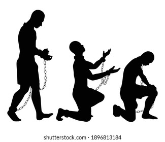 Set of male slave with chain silhouette vector on white background, 