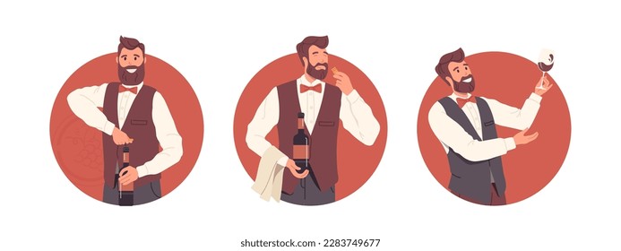 Set of male sommelier restaurant expert characters isolated avatar, wine stewards round icons