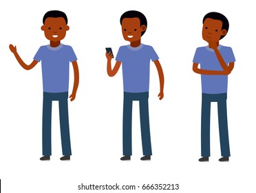 Set of male, standing poses, talking on phone, having a break, isolated white background. African American ethnic people. Flat vector illustration