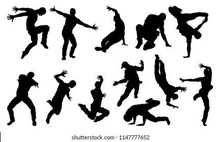 A set of male street dance hip hop dancers in silhouette