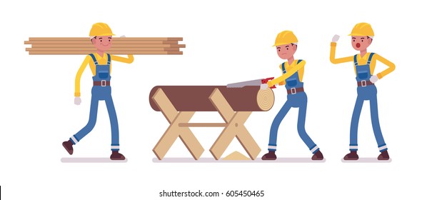 Set of male strong worker, wearing yellow protective hardhat, blue overall, sawing a log on a sawbuck into lumber, carring a plank, foreman giving orders, full length, isolated, white background