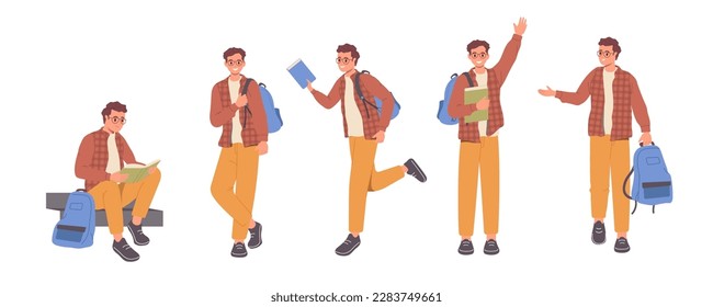 Set of male student with books and backpack standing in different poses showing positive gesture