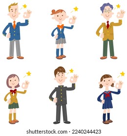 A set of male students and female students in uniforms giving a hand sign of approval
